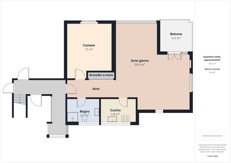 Living area, bedroom, bathroom, kitchen, balcony