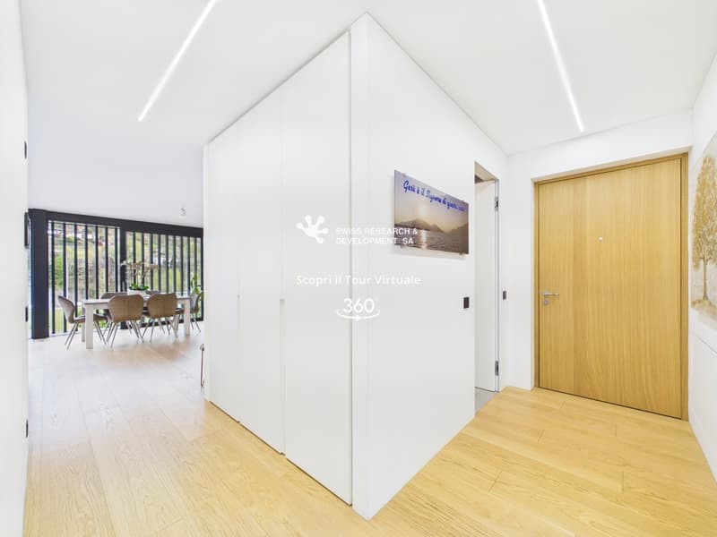 modern interior, white walls, wooden floor, white doors, dining area with table and chairs, glass railings