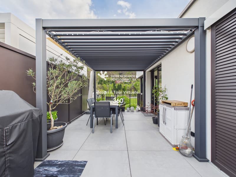 covered patio with pergola, dining table, chairs, plants, storage cabinet, broom