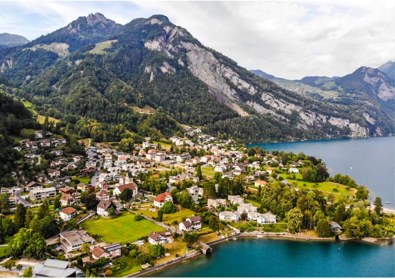Aerial view of a village with many houses, surrounded by mountains and a lake