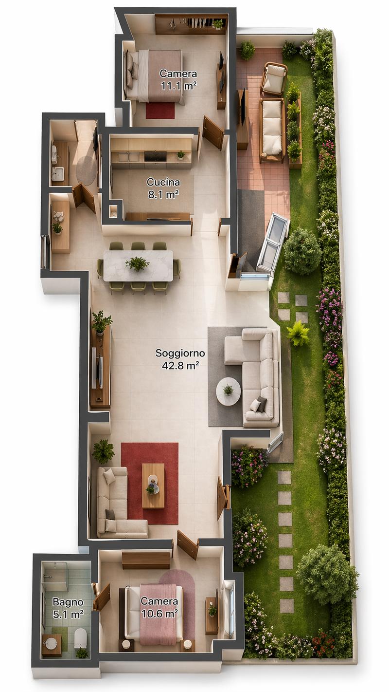 Living room, kitchen, 2 bedrooms, 2 bathrooms, balcony