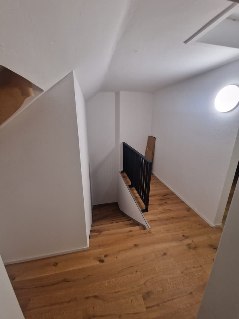 wooden stairs leading to higher level, wooden floor, white walls, black railing, white ceiling