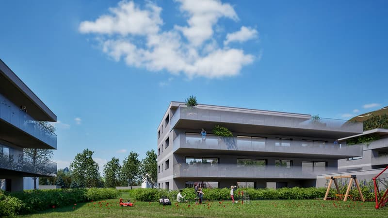 Modern multi-story apartment building with balconies, surrounded by a well-maintained garden with trees and a playground area.