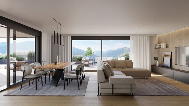 Spacious open-plan living and dining area with large windows offering a scenic mountain view. The living room features a comfortable L-shaped sofa, while the dining area has a wooden table with chairs. The space is illuminated by pendant lights and has a