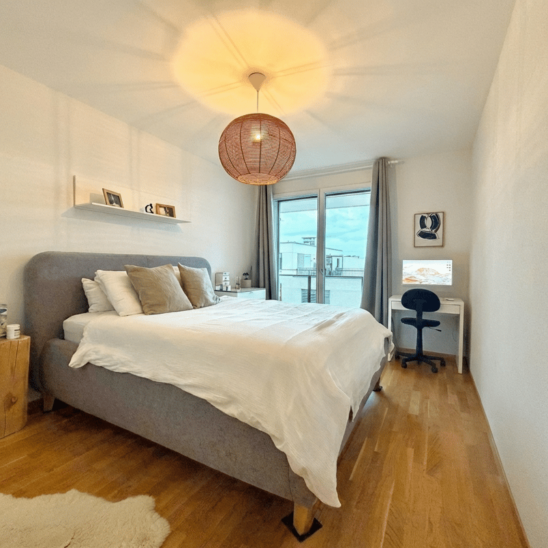 Bed with white bedsheet and gray headboard, pillows, white rug, desk, chair, framed picture, lamps, glass doors, shelf with photo frames