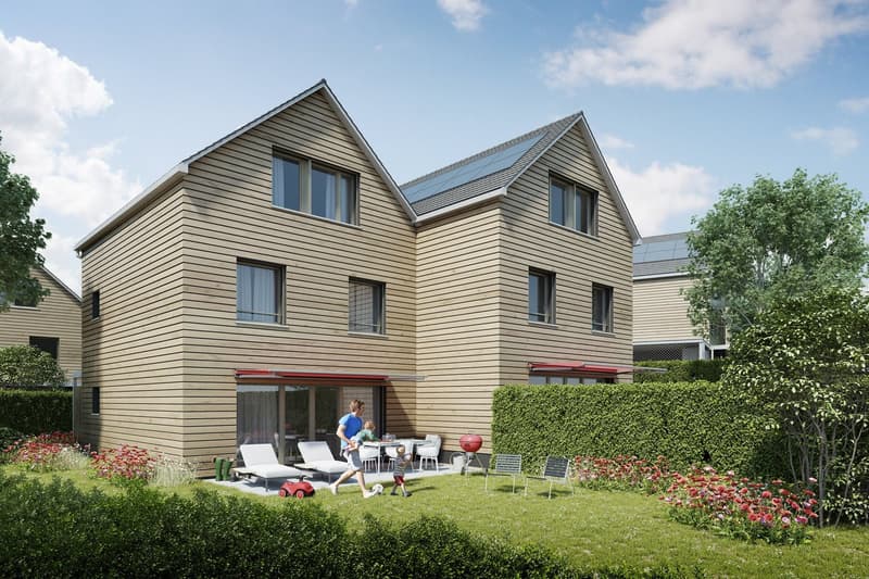 3-story house, wooden exterior, solar panels, garden, terrace with grill, chairs and table, child's play equipment