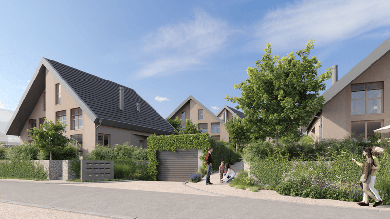 3 story house, black roof, beige walls, garage, garden, driveway