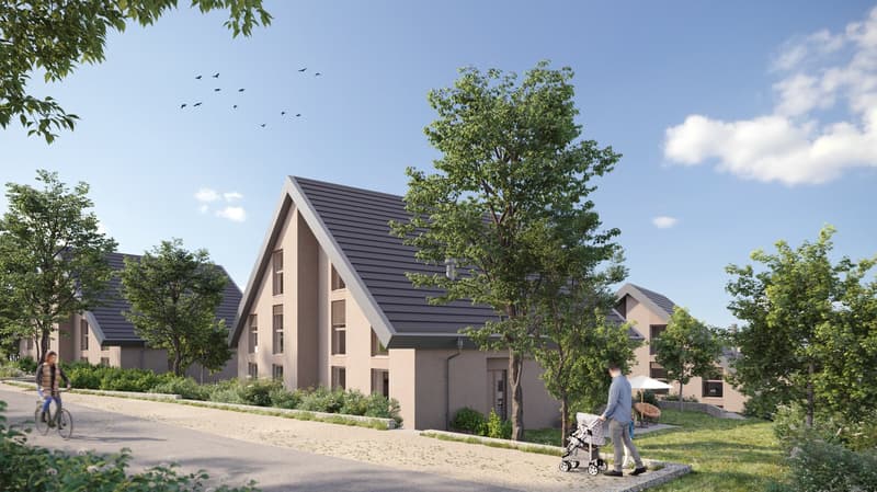 Modern houses, gray roofs, beige walls, windows, front yard with trees and grass, pathway, people walking, one with a stroller, one riding a bicycle