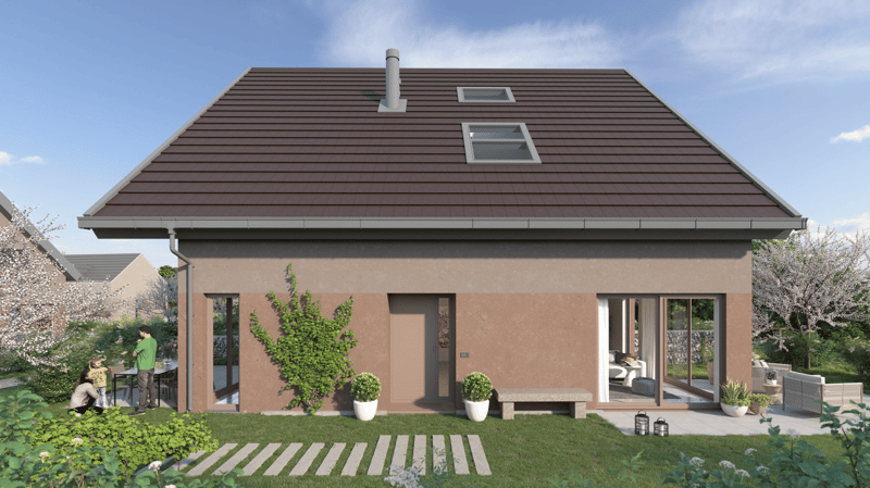2 story house, brown roof, beige walls, glass doors, terrace, garden, plants, bench, lanterns