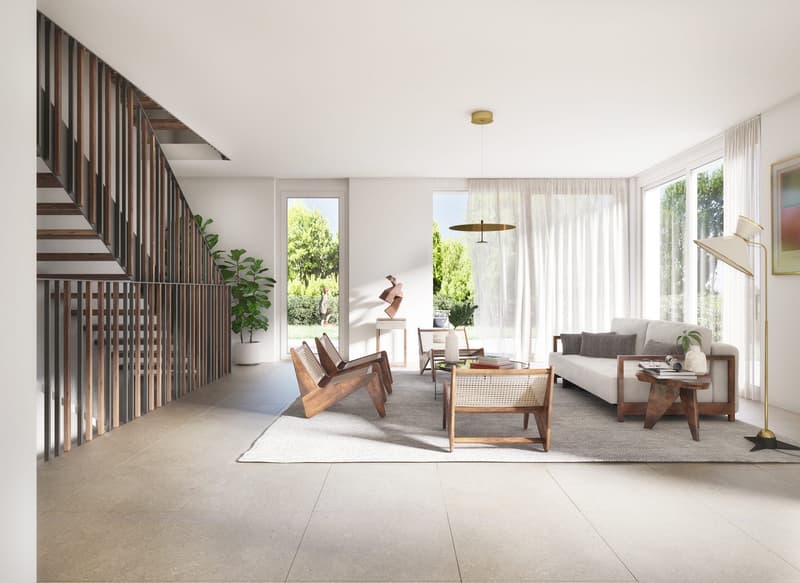 raised ground floor, modern interior design, white couch, wooden chairs, white rug, white floor, high ceiling, white walls, glass windows, large trees outside