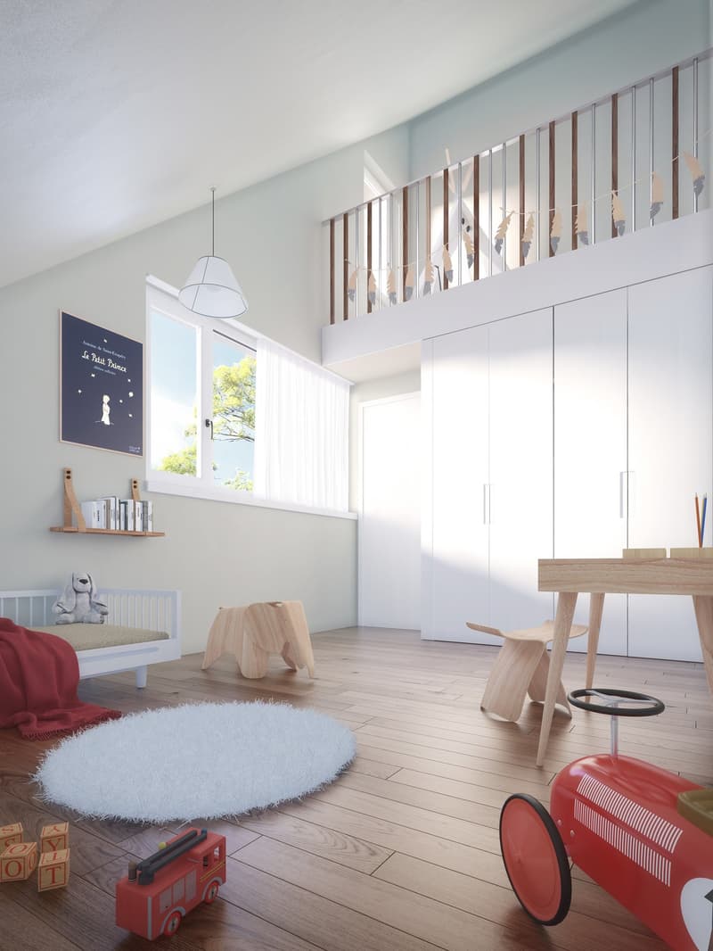 A child's room with a bed, toys, a desk, a chair, a rug, and a bookshelf with books. The room has a white wall, a window with white curtains, and a wooden floor.