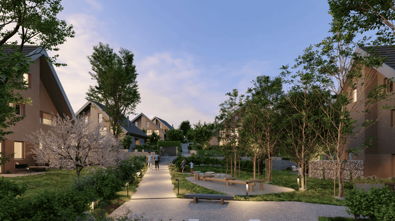 Pathway, benches, trees, plants, houses, people walking, bicycles