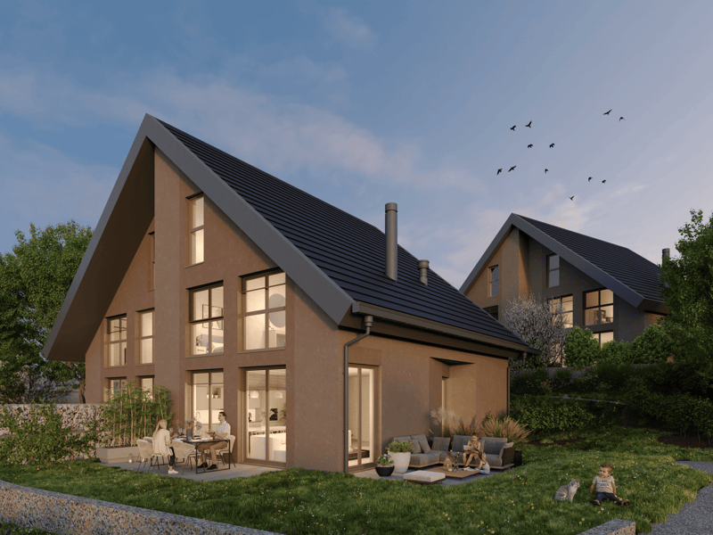 Modern house, brown exterior, black roof, large windows, outdoor seating area, garden, patio, family sitting outside