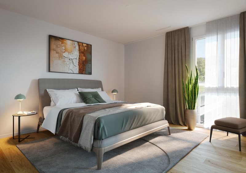 A bedroom with a bed, nightstands, a rug, a painting, a potted plant, and a chair.