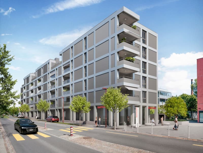 Modern apartment building with multiple balconies, glass windows, and a red car parked in front