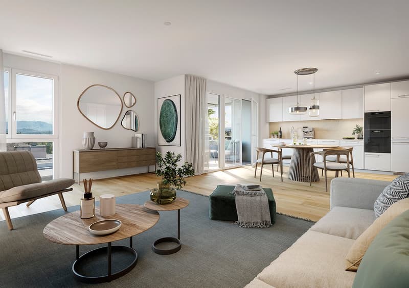 modern living room with wooden floor, large windows, glass doors leading to balcony, dining table, kitchen, modern furniture, plants