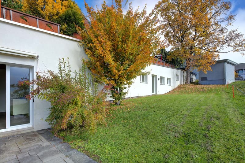 white building with glass doors, glass windows, glass walls, lush green grass, orange leaves from the trees