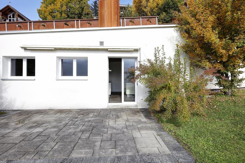 single-family home, white exterior, glass door, 3 windows, small garden, brick paved path, metal railing on top