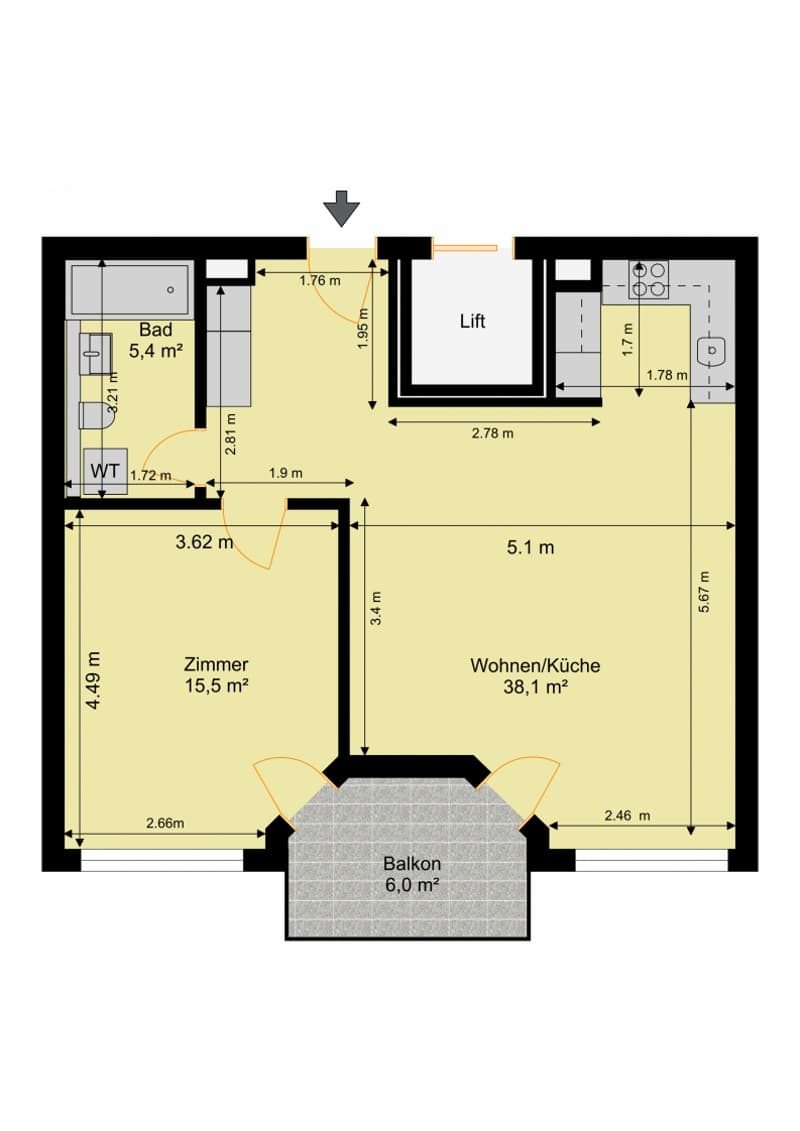 Floor plan with lift, 1 bedroom, 1 living room/kitchen, 1 bathroom, balcony
