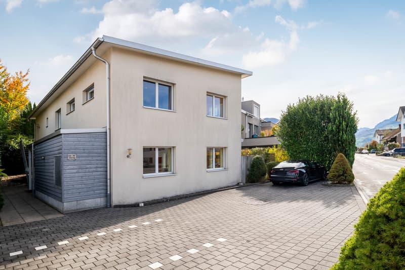 Single family house, modern architecture, garage, paved driveway, black car parked