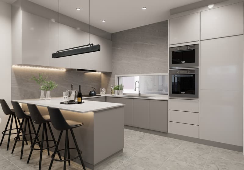 Modern kitchen with gray cabinets, white countertops, built-in appliances including a dishwasher, and a kitchen island with bar stools.