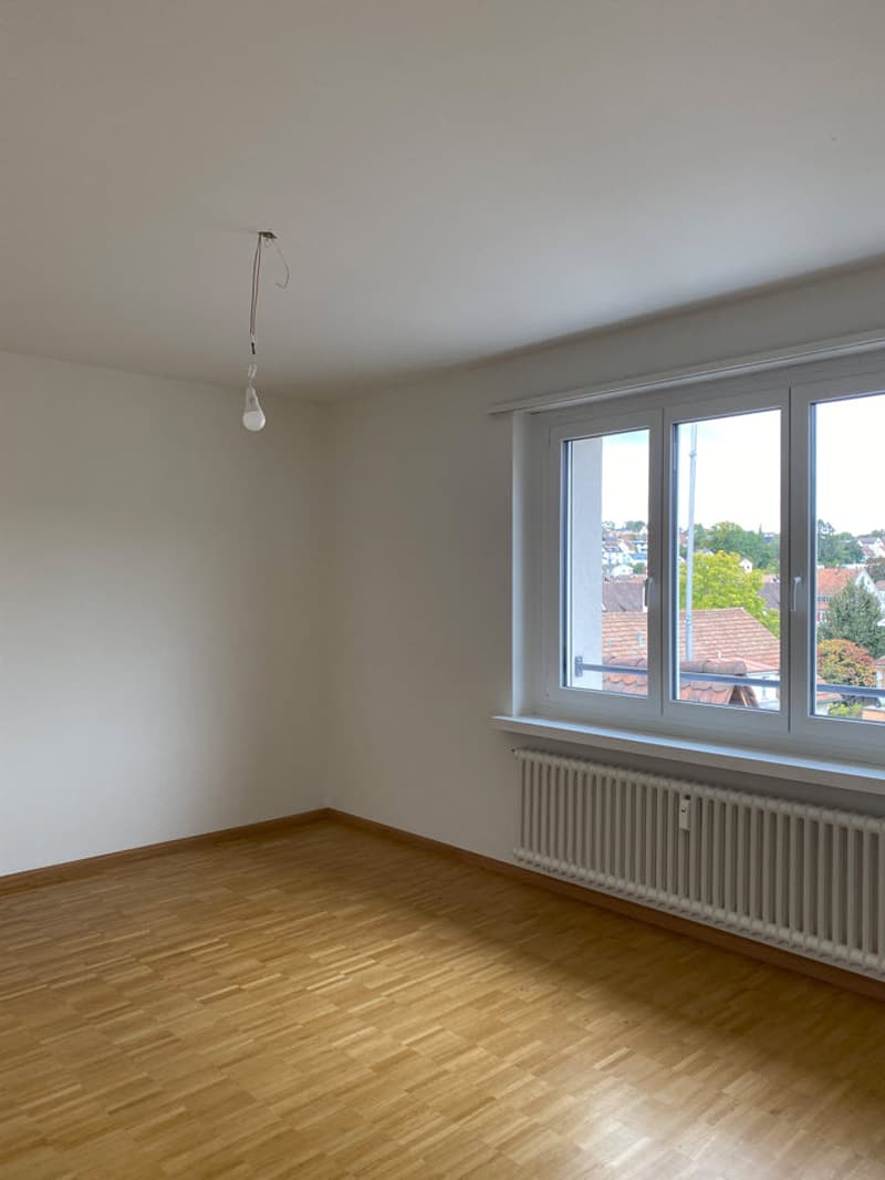 empty room, wooden floor, white walls, large window, radiator