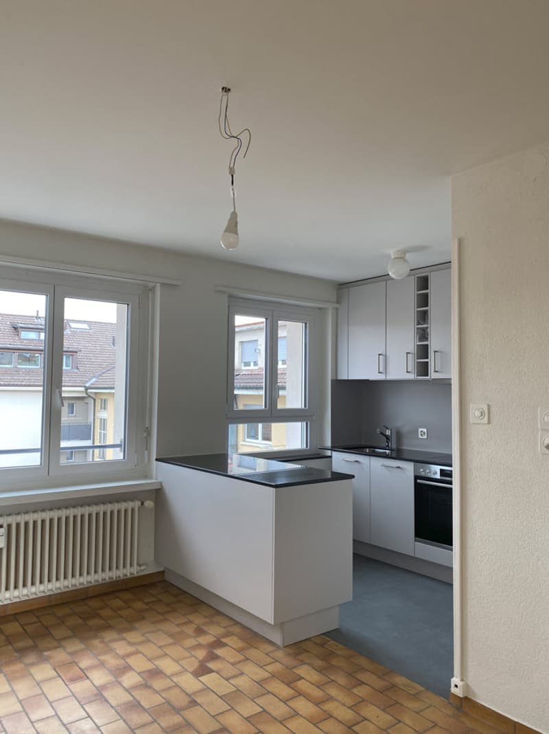 The image shows a modern, open-concept kitchen with a minimalist design. The kitchen features gray cabinets and countertops, a built-in dishwasher, and large windows that allow natural light to flood the space. The floor is tiled with a warm-toned brick p