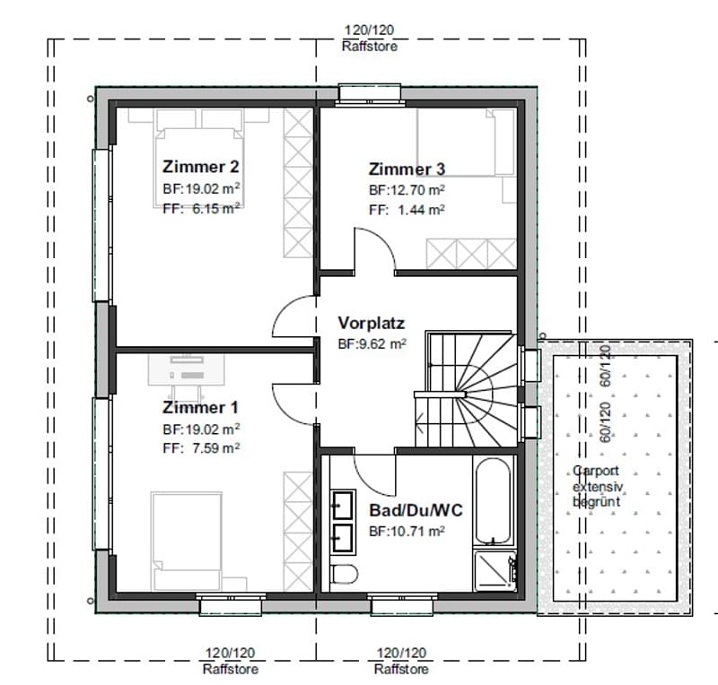 Living room, bathroom, shower, WC, bedroom 2, bedroom 3, entrance hall, carport