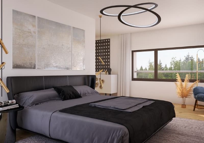 modern bedroom with a large bed, black leather headboard, gray bedding, large windows, decorative items, and a view of the outside