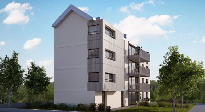 Modern white building with balconies, multiple floors, glass windows, surrounded by green trees and grass