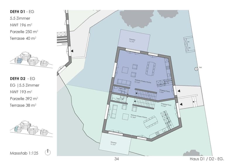 The image shows the floor plan of a residential property. It consists of two units, DEFH D1 and DEFH D2, each with 5.5 and 5.5 rooms respectively. DEFH D1 has a net living area of 196 m², a parcel size of 250 m², and a terrace of 40 m². DEFH D2 has a net