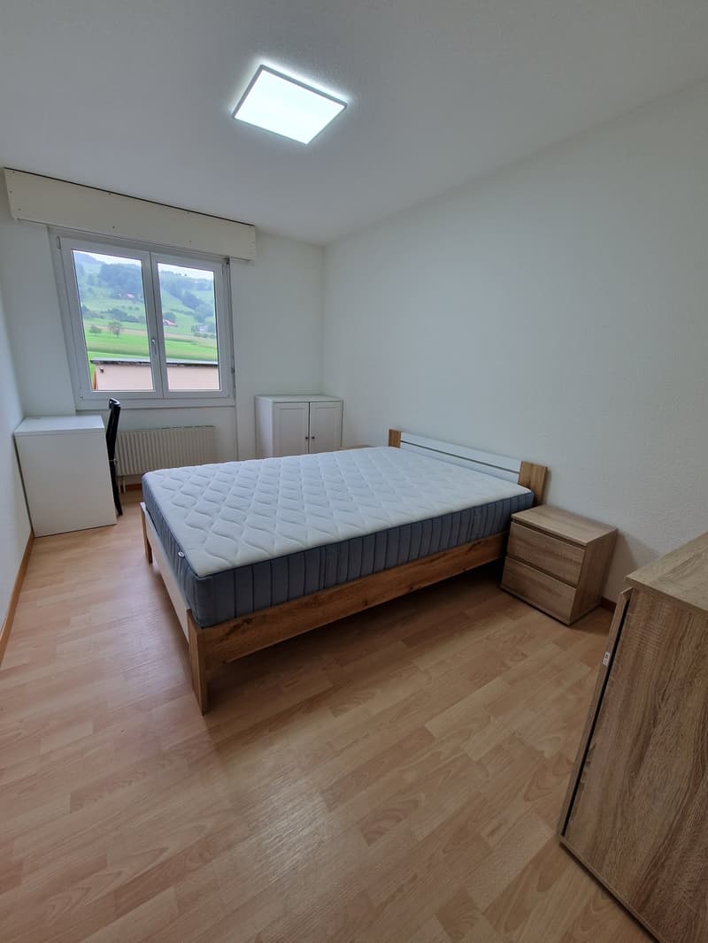 Bedroom with double bed, nightstands, wardrobe, desk, and chair, large window with view of outside