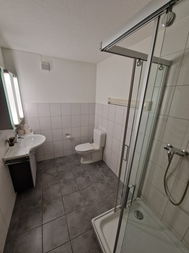Bathroom with a shower, sink, and toilet, tiled floor, white walls, mirror, cabinet