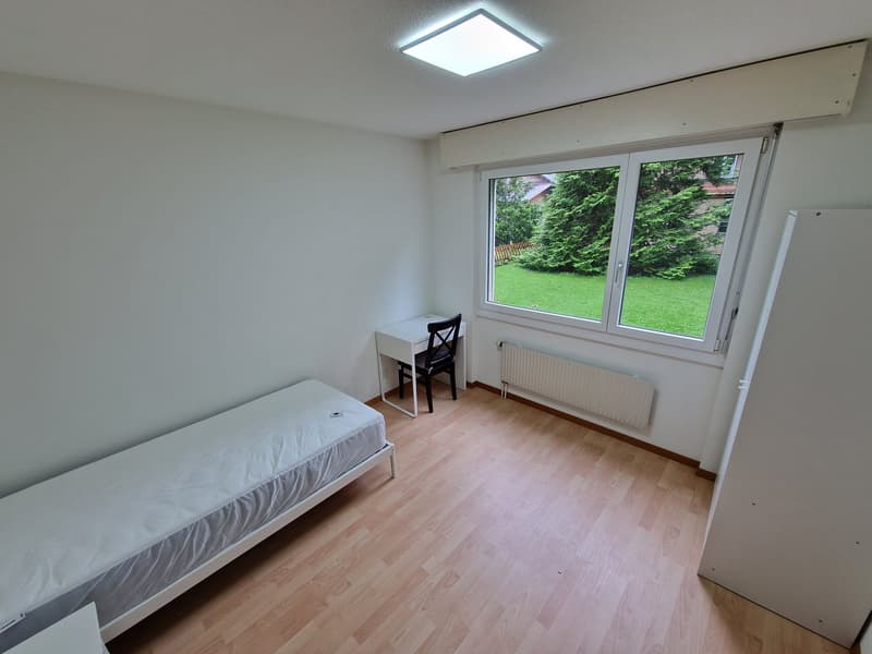 A room with a bed, a desk, a chair, a lamp, a radiator, and a window with a view of a lawn and trees.
