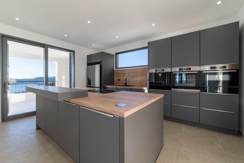 Modern kitchen with island, glass sliding door, large windows, built-in ovens, refrigerator