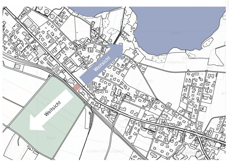 The image shows a detailed map or floor plan of a town or city. The main features visible are the town center, residential areas, and some surrounding green spaces. The map includes labels for 'Weitsicht' and 'Weitsicht', which appear to be the names of d