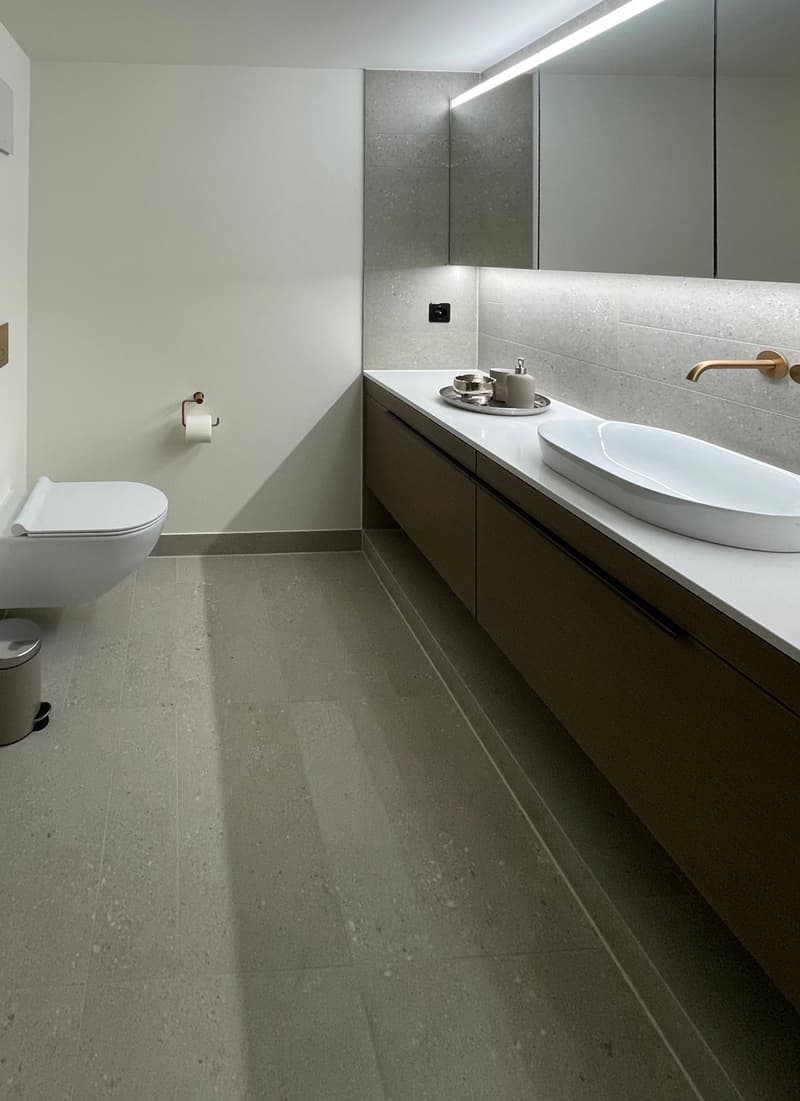 Modern bathroom with gray tile flooring, a white toilet, a large vanity with a vessel sink, and built-in cabinets. The vanity has a dishwasher installed underneath.
