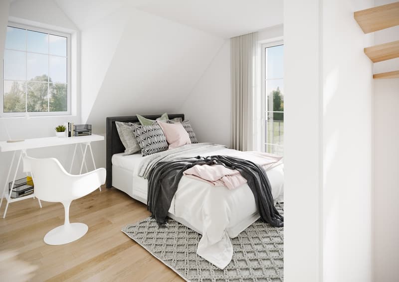 Spacious bedroom with large windows, white walls, hardwood floors, black bed frame, gray and pink bedding, desk, and shelving