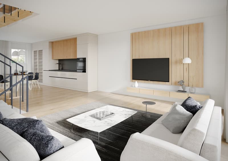 Spacious open-concept living room with modern, minimalist design. Features include a large white sofa, a marble-topped coffee table, a wall-mounted TV, and a built-in entertainment unit with wooden panels. The room also has a fireplace and hardwood floori