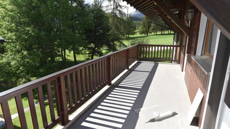 Wooden balcony with railing overlooking a grassy field and forested area