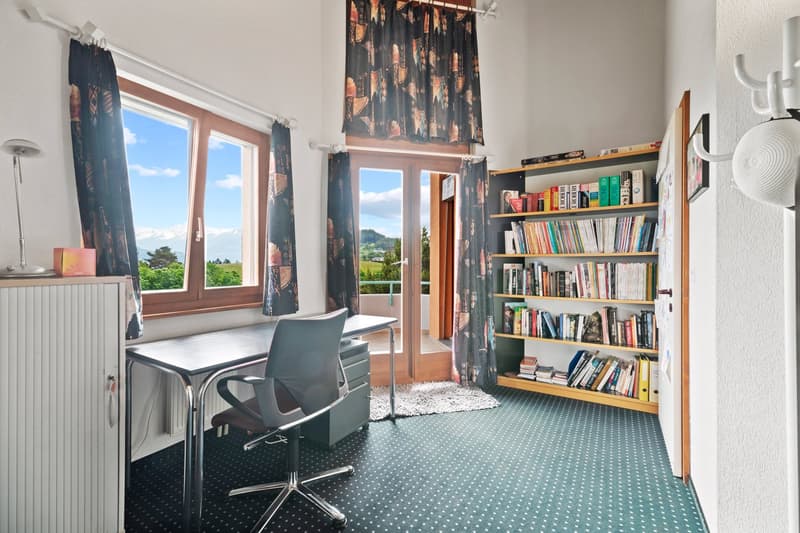 Spacious home office with large windows offering a scenic view, a desk and chair, and a bookshelf filled with books and other items.