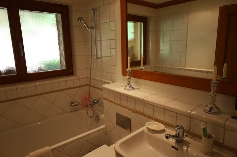 Tiled bathroom with a bathtub, shower, vanity with sink, and a candle holder on the counter. The room has large windows providing natural light.