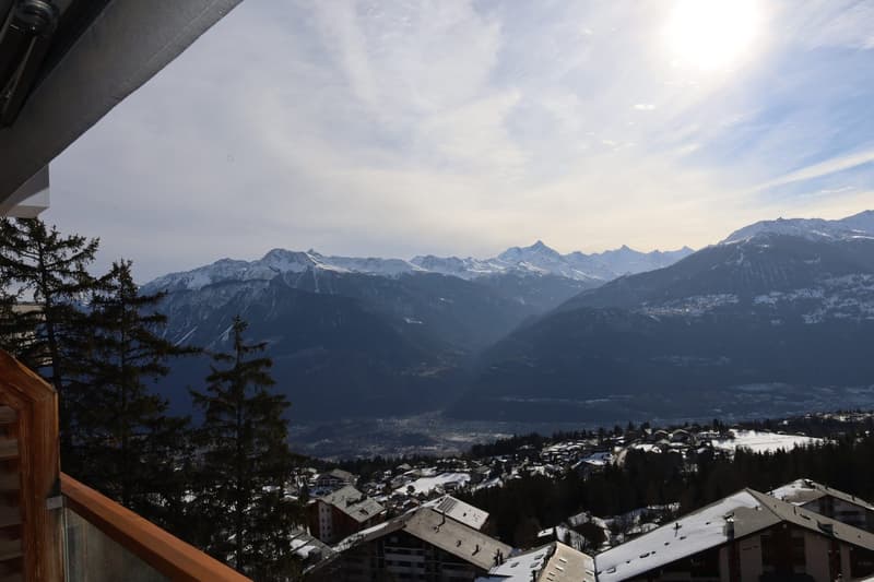 aerial view, snowy mountains, trees, buildings, clear sky
