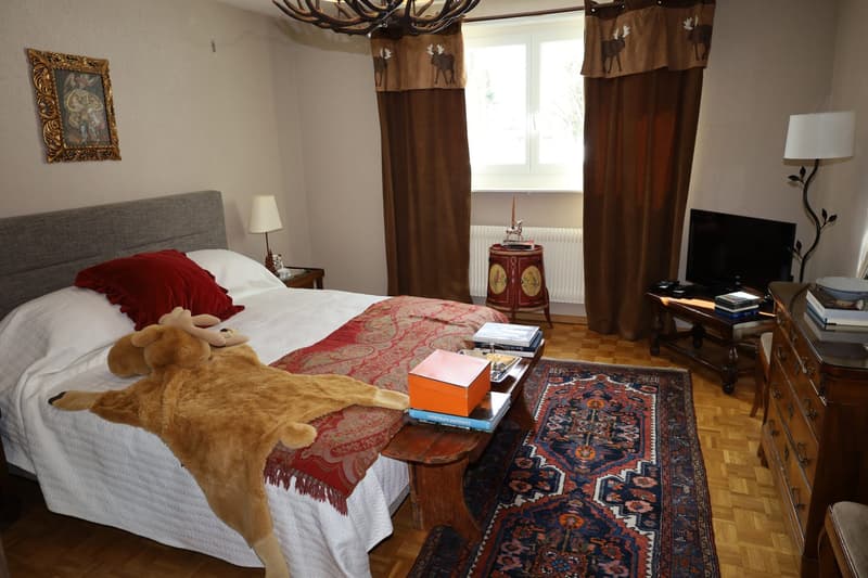 bedroom with bed, rug, wooden chest, lamp, tv stand, sofa, window with curtain