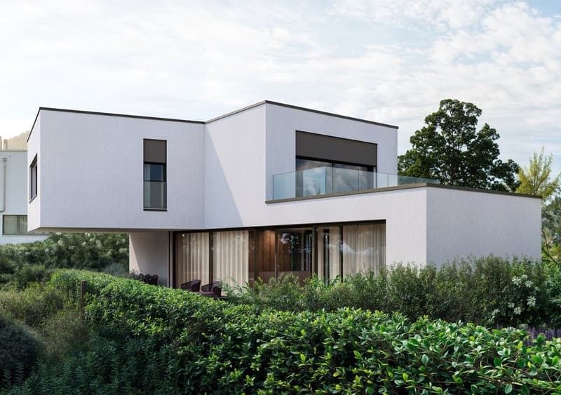 Modern two-story house with large windows, a balcony with glass railing, and surrounded by greenery