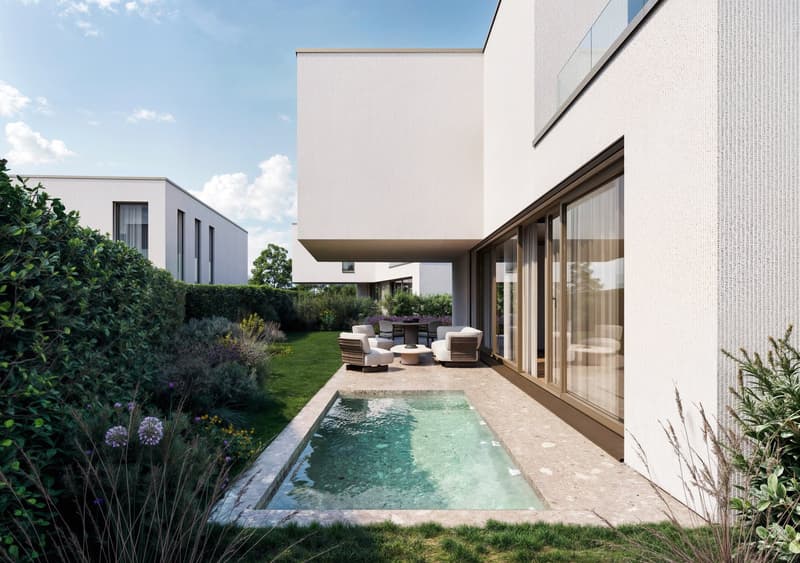 Modern house, white walls, outdoor pool, large windows, patio furniture, glass doors