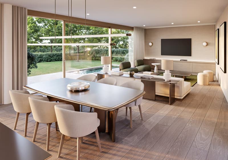 spacious dining area with large table, chairs, large glass doors, open-plan layout, modern furnishings, outdoor swimming pool, modern ceiling lamps