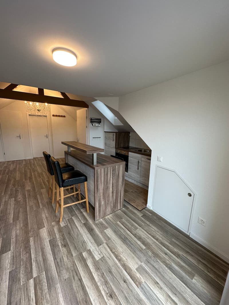 The image shows a studio apartment with an open-concept layout. The space features a kitchen area with a wooden bar counter and stools, as well as a dishwasher. The flooring is a wood-like laminate material in a gray tone. The ceiling has exposed wooden b