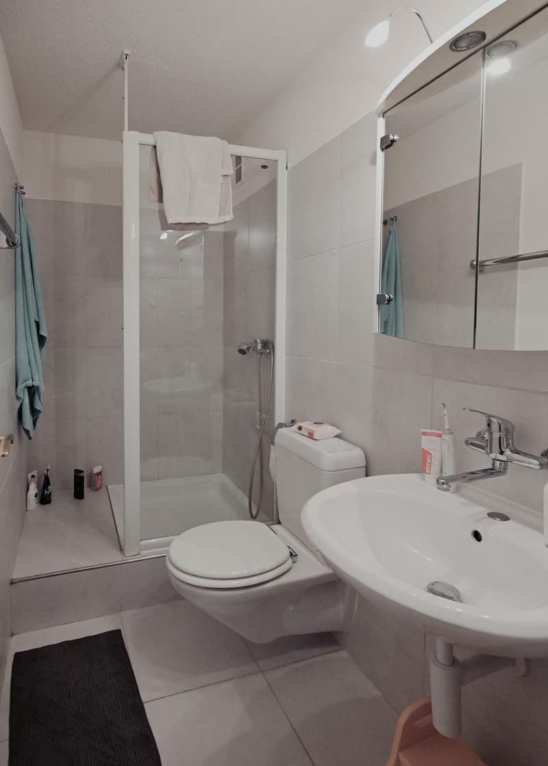 tiled floor, modern white fixtures, walk-in shower, toilet, sink, mirror, towel racks, toiletries