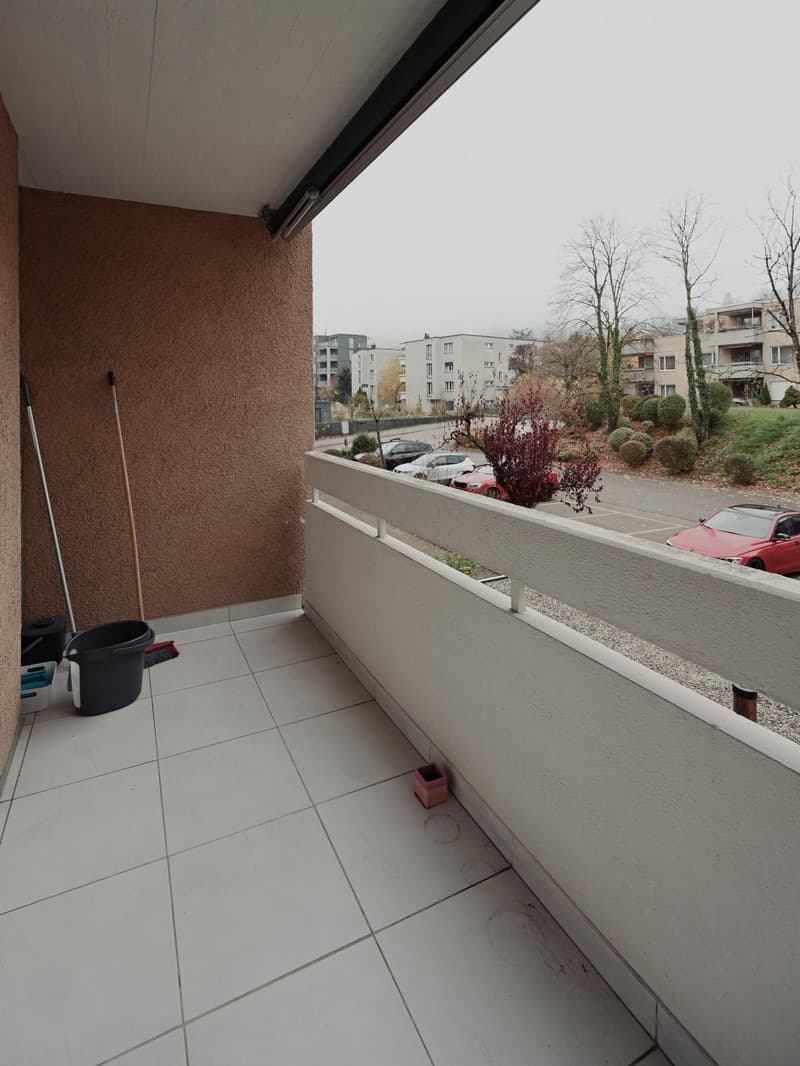 Balcony, view of the street with cars, white tiles, plants, white wall, red flower pot, broom, bucket, white railing